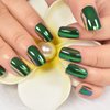 iBeautying Press on Nails - Press On Nails - Chrome Holo Color Green False Nails | Metallic Punk Designed Short Square Reusable Fake Nails in 10 Sizes - 24 Nail Kit with Jelly Glue Pad
