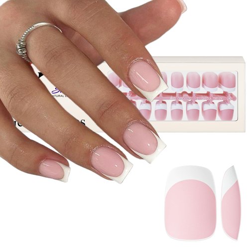 KQueenest Gel French Nail Tips, 300 Pcs White French Tip Press on Nails Short Square, French Gel x Nail Tips with Design,Small Natural Fake Nail Tips, Pre-Applied Acrylic Nail Press ons, Pink