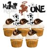 24Pcs Cowboy 1st Birthday Cupcake Toppers Glitter First Birthday Hat Cowboy One Cake Decorations for Western Theme Baby Shower Kids Boys 1st Birthday Party Supplies White