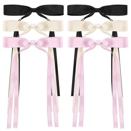 6Pcs Hair Bows for Women, Satin Ribbon Hair Bows with Metal Clips, Tassel Bowknot Hair Clips with Long Tail, Hair Barrettes with Bow Accessories（Black,Beige,Pink）