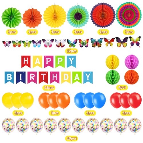 ZERODECO Multicoloured Birthday Decorations, 3D Butterfly Wall Decor Colorful Paper Honeycomb Fans Pompoms Balloons for Kids Baby Adults Boys Girls Multicoloured Birthday Party Decorations