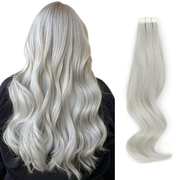 ABH AMAZINGBEAUTY HAIR Tape in Hair Extensions Human Hair Silver Gray Tape in Extensions Straight Real Human Hair Tape ins Skin Weft 20pcs 50g 22 Inch