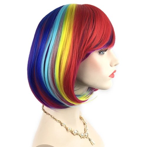 QHQ-SHININGLIFI Rainbow Bob Wigs and A Wig Cap- Women's Short Straight Multi-Color Cosplay Wigs -Comfortable& Breathable& Durable-Rose Net; wig007A