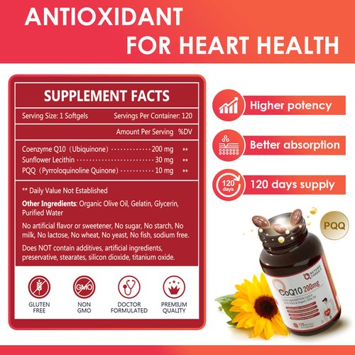 NATURE TARGET CoQ10-200mg-Softgels + PQQ with Organic-Olive-Oil - High Absorption-Coenzyme-Q10 - Antioxidant-for-Heart-Health and Immune Support, Energy Production, 120 Servings