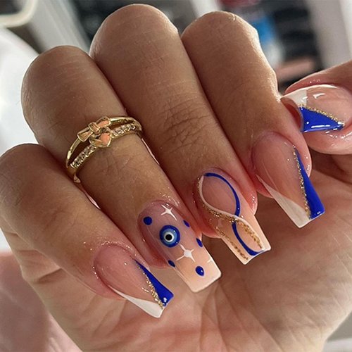 Square Press on Nails Long Fake Nails Blue White French tip Stick on Nails Evil Eye False Nails Gold Glitter Swirl Acrylic Nails 24Pcs Coffin Shiny Artificial Nails for Women Girls Manicure