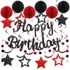 YEOCU Birthday Decorations, NO DIY, Pre-Strung Happy Birthday Banner with Honeycomb Balls, Hanging Swirls, Circle Dots Garland, Happy Birthday Party Decorations for Women Men Boys Girls (Red & Black)