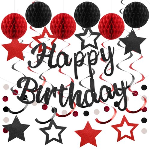 YEOCU Birthday Decorations, NO DIY, Pre-Strung Happy Birthday Banner with Honeycomb Balls, Hangin...