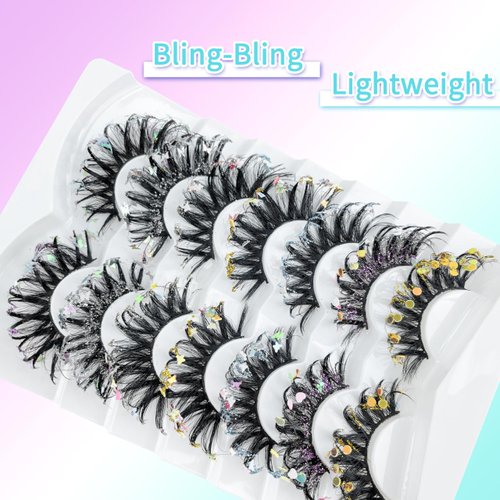 Glitter Lashes with Self Adhesive Face Gems Dramatic Strip Lashes 7 Pairs Butterfly False Eyelashes Glow in the Dark Colored Mink Lashes for Party Cosplay Festival Christmas New Year, by Anforlin