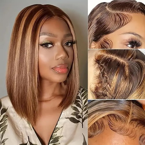 mogge 12 Inch Highlight Honey Blonde Lace Front Wig Human Hair Ombre 4/27 HD Lace Frontal Bob Wigs Human Hair Glueless Pre Plucked Ombre Brown Wig 180% Density Highlight Bob Wig