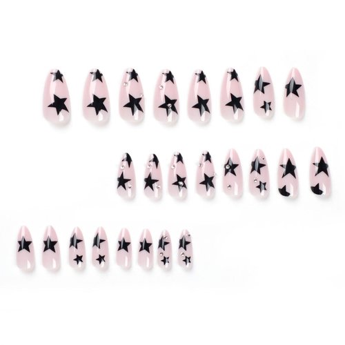 Maigitur Black Star Press on Nails Medium Almond Fake Nails with Design Rhinestone Stick on Nails Acrylic Nails Star False Nails Glossy Natural Nude Glue on Nails for Women Girls Manicure 24Pcs