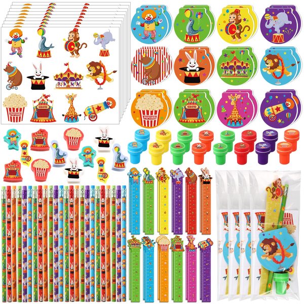 Cholemy 168 Pcs Circus Party Favors Carnival Party Supplies Circus Animal Stationery Set Notebook Sticker Stamper Eraser Ruler Pencil Bag for Carnival Baby Shower Birthday Party Gift Classroom Prize