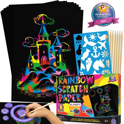 Purple Ladybug 79 PCS Rainbow Scratch Paper Art Kids Craft Gift - Scratch Art Paper for Kids, Arts and Crafts for Kids Ages 4 5 6 7 8 9 10 Year Old, Kids Stocking Stuffers, Christmas Gift
