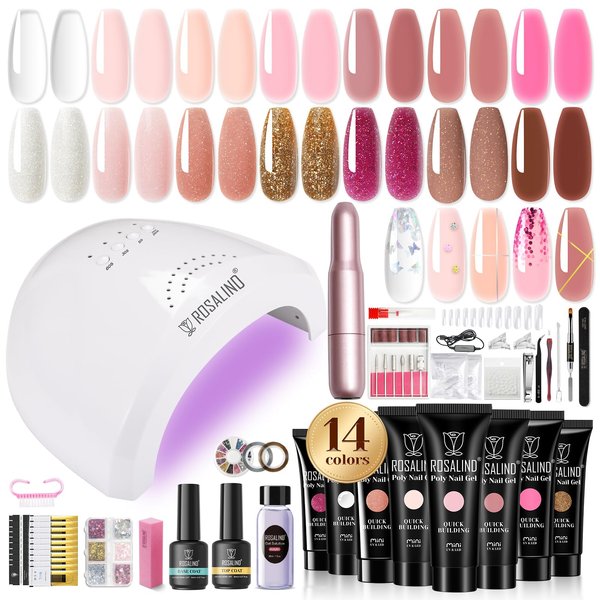 ROSALIND Poly Nail Gel Kit -14 Colors + 75 Nail Art Accessories Kit Clear Pink Nude Glitter Poly Gel with Big Uv Light 48W and Electric Nail Drill Poly Nail Gel Starter Kit