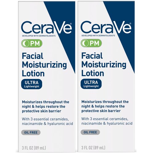 CeraVe Facial Moisturizing Lotion PM | 3 Ounce (Pack of 2) | Ultra Lightweight, Night Face Moisturizer | Fragrance Free