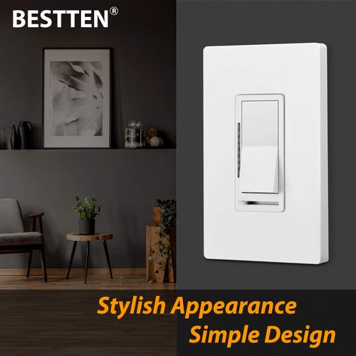 BESTTEN Digital Dimmer Switch with LED Indicator, Horizontal Dimming Slider Bar, Single Pole or 3-Way, for Dimmable LED Lights, CFL, Incandescent, Halogen Bulbs, UL Listed, White