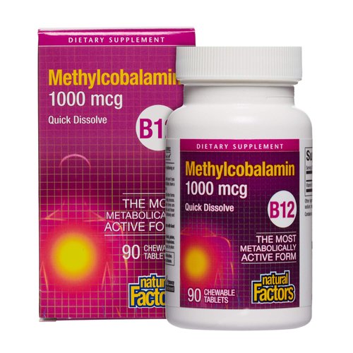 Natural Factors, Vitamin B12 Methylcobalamin 1000 mcg, Chewable Support for Energy and Immune Health, Vegetarian, Gluten Free, 90 tablets (90 servings)