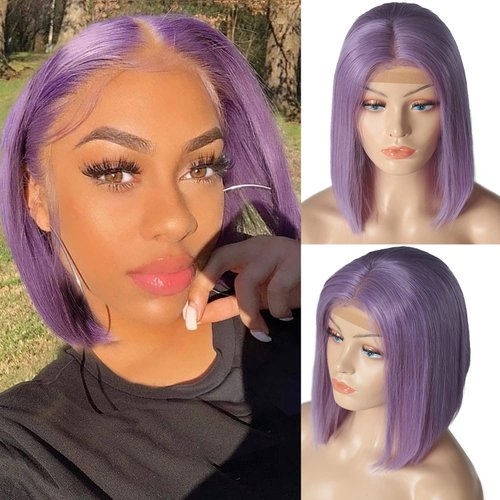 Human Hair Purple Bob Wigs Pre Plucked 13x1x4 Lace Wigs Remy Hair 180% Density T Part Lace Wigs Lilac Straight 14Inch Bleached Knots Purple Bob Wigs Middle Part for Women (Could be Restyled)