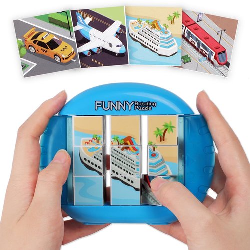 Fullware Rotating Puzzle for Kids 3 4 5 6 7 8 Year Old, 4 Puzzles in 1, Toddlers Travel, Car, Airplane, Road Trip Activities, Fine Motor Skills, Fidget, Gift for Boys & Girls Ages 3+ (Transportation)