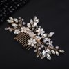 Teyglen Flower Pearl Bride Wedding Hair Comb Gold Crystal Hair Comb Bridal Hair Piece Decorative Hair Accessories for Bride Rhinestone Headpiece for Women Grils (Gold)