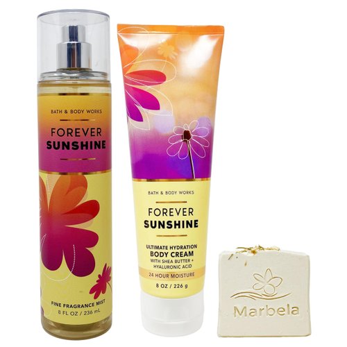 Bath & Body Works Forever Sunshine - Duo Gift Set - Fragrance Mist and Body Cream With Wild Jasmine Soap.