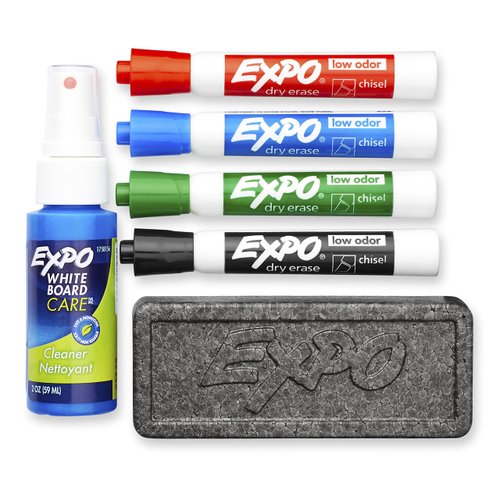 EXPO Low Odor Dry Erase Marker Set with White Board Eraser and Cleaner, Chisel Tip Dry Erase Markers, Assorted Colors, 6 Piece Set with Whiteboard Cleaner