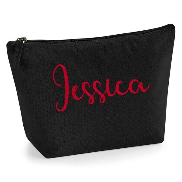 Personalized Name Initials Make Up Accessory Bag in Black Colour Glitter or Flock Texture Print - Red Flock - M Black