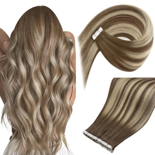 Ve Sunny Tape in Human Hair Extensions Brown Ombre Hair Extensions Tape ins Balayage Medium Brown Ombre Platinum Blonde and Brown Tape in Extensions Human Hair Ombre 50g 20pcs 16inch