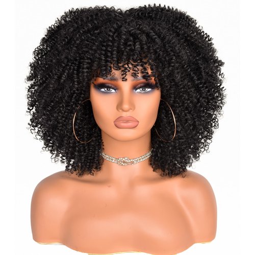 Muswanna Curly Wigs for Black Women Short Kinky Curly Afro Wig with Bangs 14 Inch Synthetic afro wigs for women(Black)
