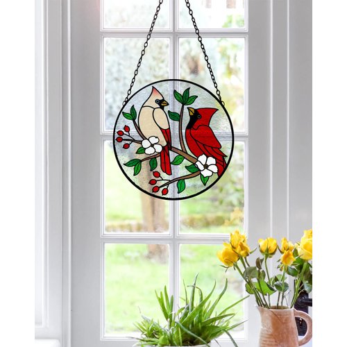 Tuitessine Cardinal Stained Glass Suncatcher Red Bird Sun Catcher Cardinal Glass Wall Window Hanging Ornament Hand-Painted Glass Panel Decor Christmas Birthday Gift for Grandma Birds Lover 6.3×6.3”
