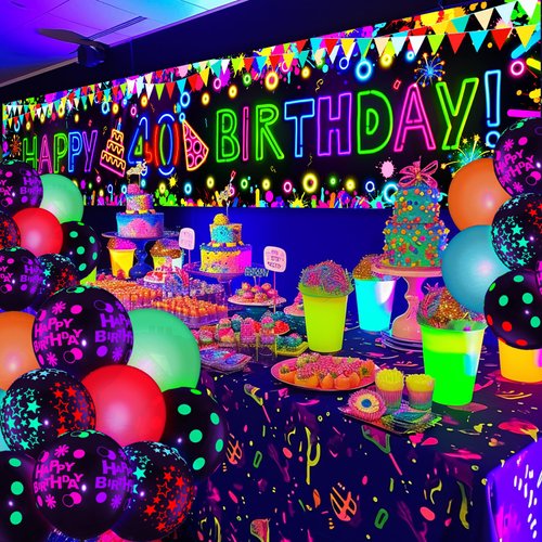 Neon Birthday Party Decorations Glow Neon Happy 40th Birthday Yard Sign Banner (UV Black Light Reactive) and 20Pcs Fluorescent Neon Birthday Balloons for Glow in The Dark Birthday Party Supplies