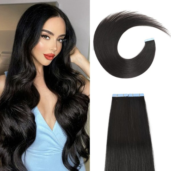 Tape in Hair Extensions Human Hair 10 Inch #1B Natural Black Pu Straight Hair 20 Pieces/Pack 40g Seamless Skin Weft Human Hair Extensions Tape in for Black Women (10Inch,Natural Black,40g)
