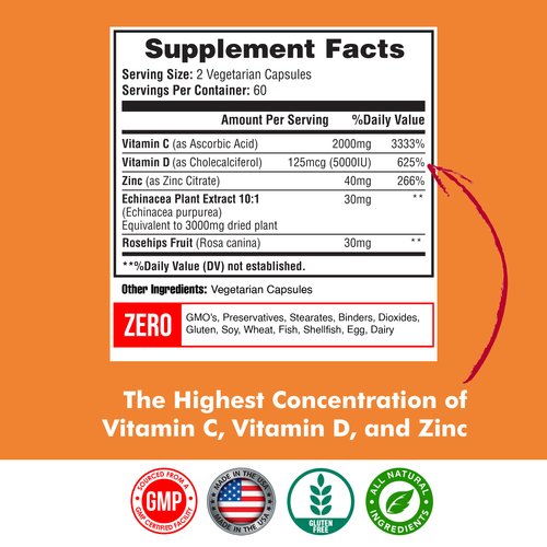 Happi Mi Nutrition Vitamin C 2000MG, Zinc 40 mg, Vitamin D3 5000 IU, Echinacea Extract, Rose Hip, Immune Support for Adults & Kids, Immune Booster,120 Vegan Caps, 60 Day Supply, Non GMO, No Filler