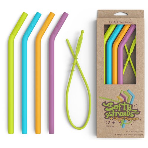 Softy Straws Wide Premium Reusable Silicone Drinking Straws + Patented Straw Squeegee - 9” Long With Curved Bend for 20 30 32 oz Tumblers Non Rubber, Flexible, Safe for Kids/Toddlers, Smoothie
