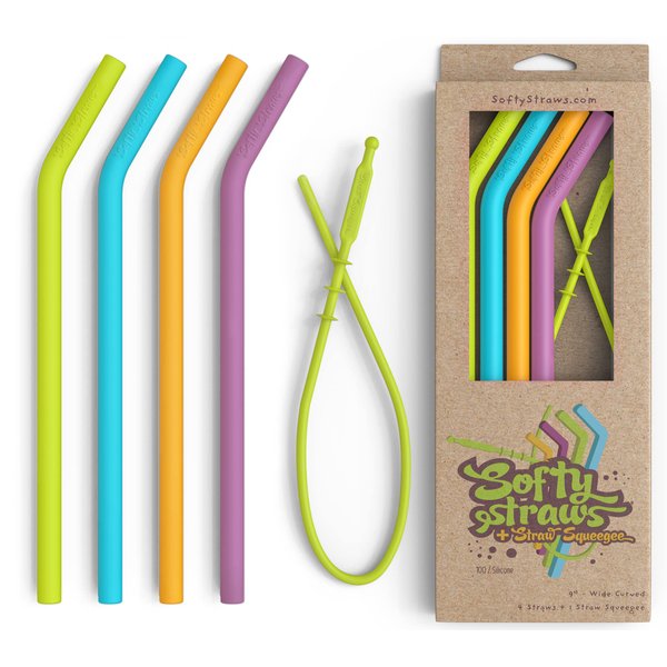 Softy Straws Wide Premium Reusable Silicone Drinking Straws + Patented Straw Squeegee - 9” Long With Curved Bend for 20 30 32 oz Tumblers Non Rubber, Flexible, Safe for Kids/Toddlers, Smoothie