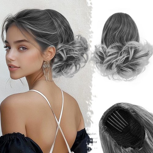 BARSDAR Drawstring Ponytail Extension - 10 Inch Short Wavy Ponytail Hair Extensions for Women - Synthetic Comb Clip in Ponytails Hairpieces Salt and Pepper Pony Tail - Dark Gray & White Tips
