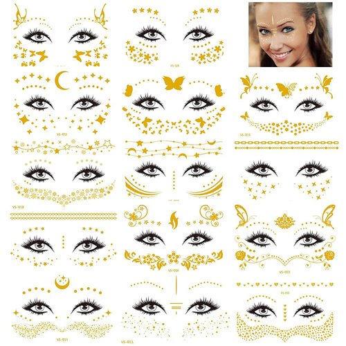 14 Sheets Face Temporary Tattoos, Rosymormor Face Stickers Gold Metallic Temporary Transfer Glitter Fake Tattoos, Freckle Stickers for Women Girls Festival Halloween Makeup Dancer Costume Parties