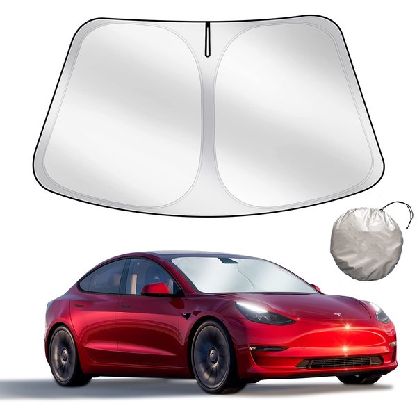 Upgraded Sunshade for Tesla Model 3/Y Windshield, Improved UV Protection Fabric, Metal Frame, Full-Size Foldable Front Sun Shade, Professional Accessories for Tesla Model 3/Y 2016 to 2024