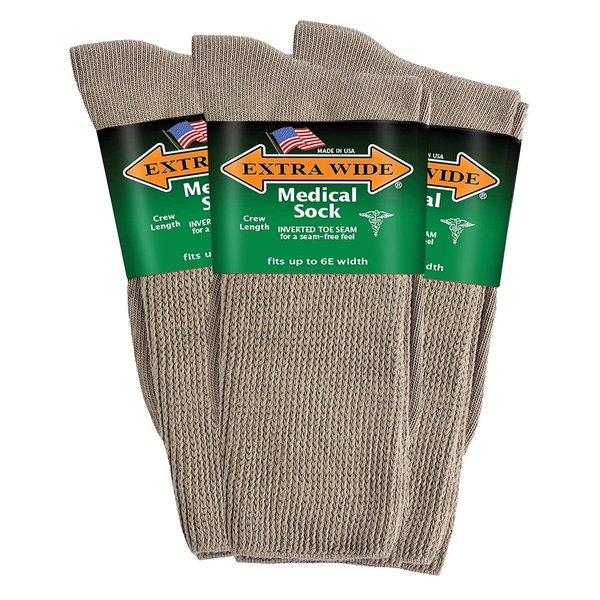 Extra Wide Medical Mid Calf Crew (Pack of 3), Diabetic Socks, Made in USA, for Men and Women (Medium, Tan)