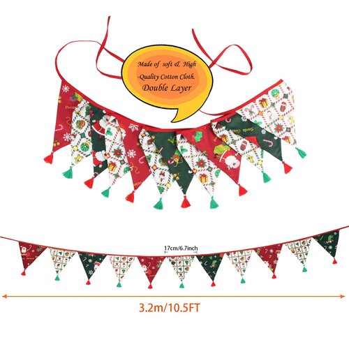 Zwiebeco 10.5Ft Christmas Red Green Pennant Banner Flags Fabric Tassels Triangle Bunting for Wedding Birthday Christmas Party Kids Room Nursery Tent Home Garden Hanging Xmas Decorations Supplies