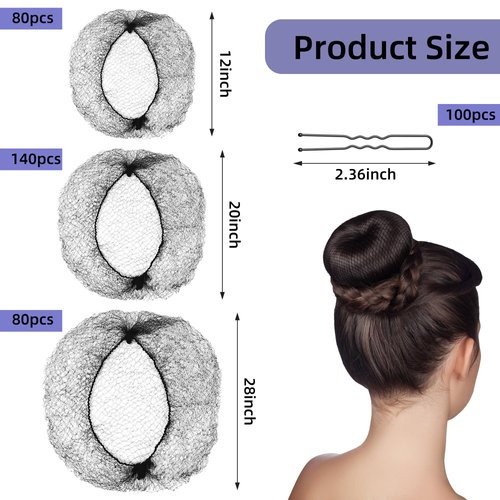 Japior 400 Pcs Hair Nets for Women Hair Net Food Service and U Shape Pins Elasticity Invisible Elastic Mesh Wig Nets for Hair Bun Sleeping Kitchen Dance (12in, 20in, 28in)