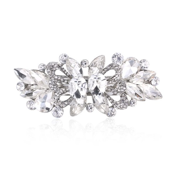 EVER FAITH Women's Austrian Crystal Wedding Art Deco Leaf Barrette Hair Clip Clear Silver-Tone