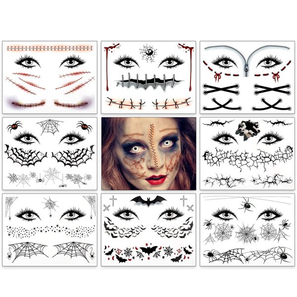 9 Pack Halloween Tattoos Crawling Spider Bat Tattoos Fake Scars Spider Net Spider Web Tattoos Halloween Face Temporary Tattoos Stickers for Women Men Halloween Costume Party Make-Up Favor Props