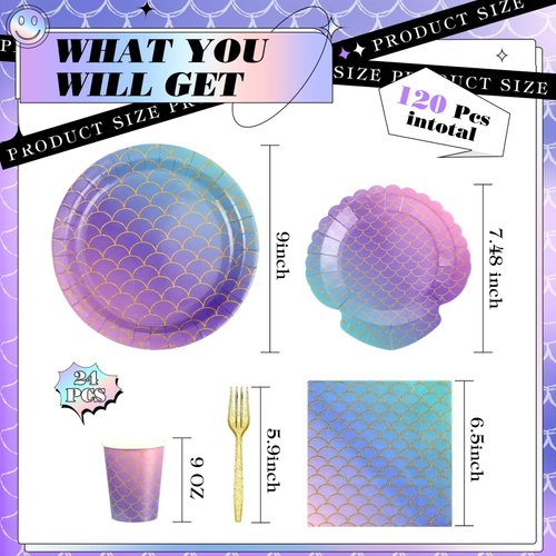 Blushtier 120 Pcs Mermaid Party Supplies Mermaids Themed Decorations Under the Sea Disposable Dinnerware Set Includes Plates Napkins Cups Fork for Birthday Party, Serves 24 Guests