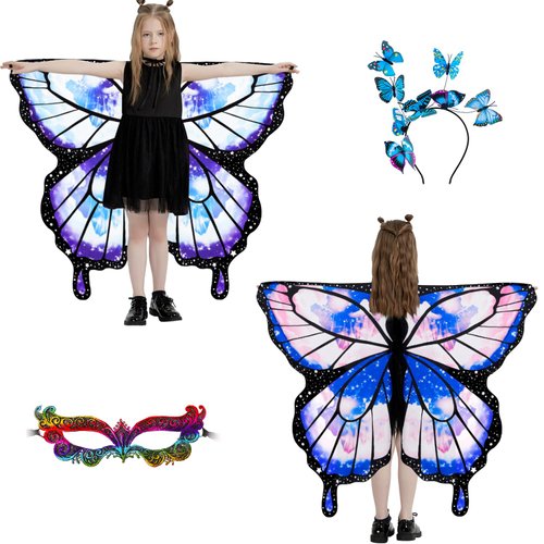 plainshe Halloween Costumes for Girls，Double Sided Butterfly Wings, Kids Fairy Wings，3PCS Butterfly Costumes Set.