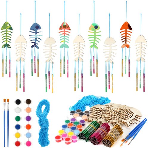 Thyle 32 Set Fishbone Wind Chime Kit DIY Wind Chimes Wood Crafting Kit with 12 Color Paints and Brushes for Birthday Christmas Party Supplies Classroom Activities Home Decorations