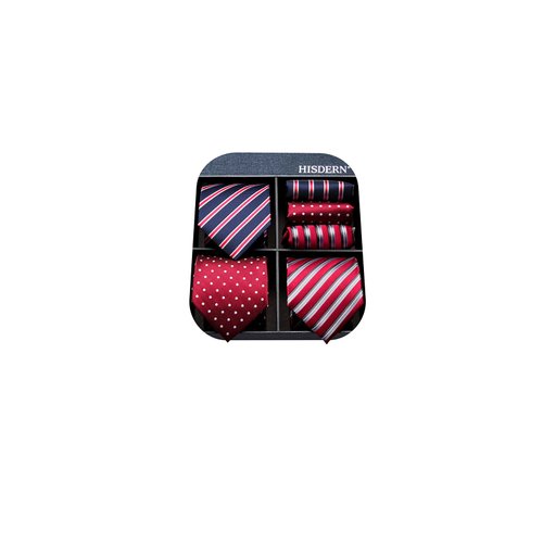 HISDERN Mens Ties Extra Long Ties for Men Big and Tall Red Striped Necktie and Pocket Square Set 63 Inch XL Silk Neckties Collection Handkerchief