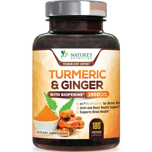 Turmeric Curcumin with BioPerine & Ginger 95% Curcuminoids 1950mg - Black Pepper Extract for Max Absorption, Nature's Joint Support Supplement, Herbal Turmeric Pills, Vegan Non-GMO - 180 Capsules