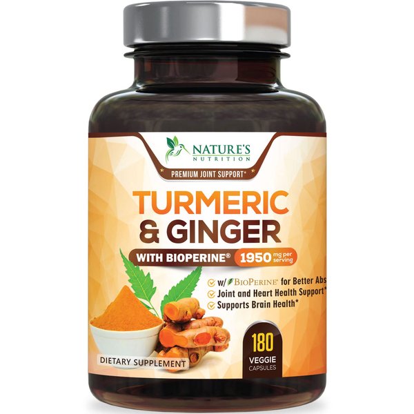 Turmeric Curcumin with BioPerine & Ginger 95% Curcuminoids 1950mg - Black Pepper Extract for Max Absorption, Nature's Joint Support Supplement, Herbal Turmeric Pills, Vegan Non-GMO - 180 Capsules