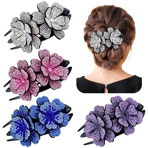 Dizila 4 Pieces Fancy Sparkly Rhinestone Double Flower Hair Clips Barrettes with Three Prongs Prom Party Wedding Hair Accessories for Women Girls Thick Hair