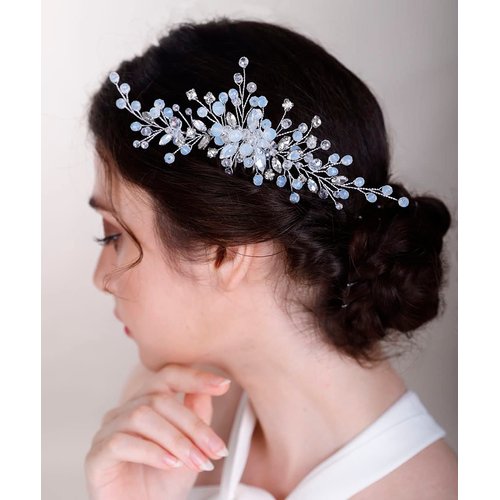 Chargances Bridal Crystal Hair Comb Wedding Blue Beaded Gemstone Hair Side Comb Fashion Flower Headband Headpieces Wedding Prom Flower Girl Hair Accessories for Women and Girls (Gold)